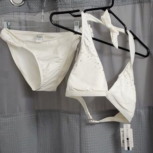 NWT Baja Blue soft white Bling bikini swimsuit 2PC  w/rhinestones